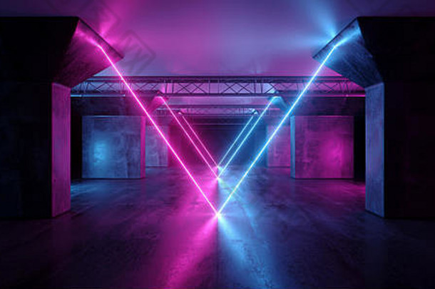 科幻三角形霓虹灯发光荧光激光登场舞台舞蹈灯紫外紫蓝色深粉色空垃圾混凝土霓虹灯反射