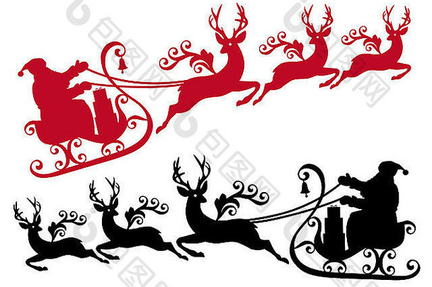 圣诞老人带着雪橇和驯鹿，圣诞背景
