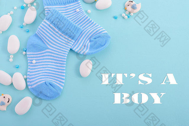 男孩蓝色的主题婴儿淋浴托儿所背景装饰边界苍白的蓝色的木背景样本文本