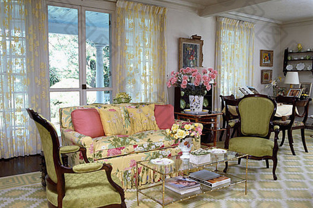 有图案的绿色白色地毯年代厅的花边窗帘绿色椅子