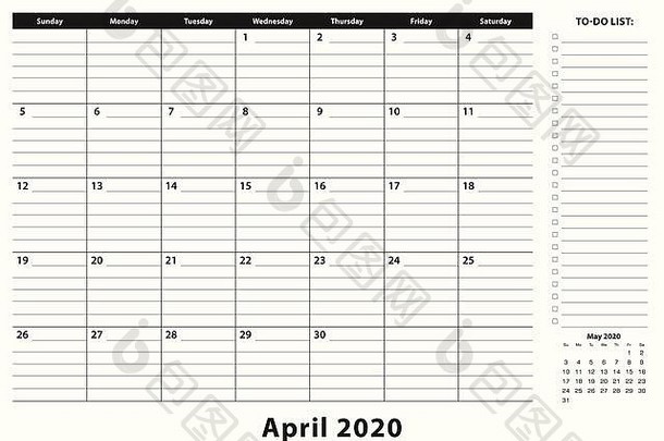 2020<strong>年</strong>4月每月办公桌<strong>挂历</strong>。2020<strong>年</strong>4月日历计划器，带有待办事项列表和黑白设计的备忘位置。