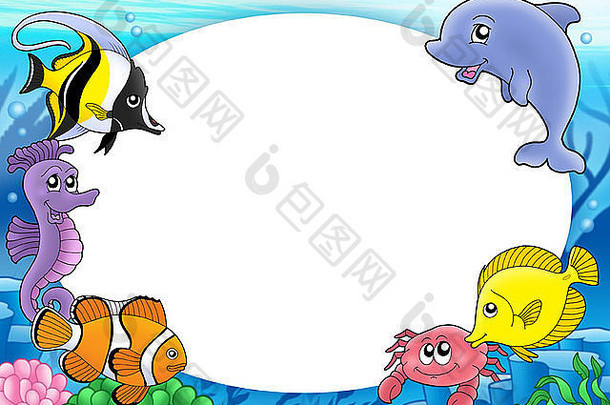 热带鱼类圆形框架-彩色插图。