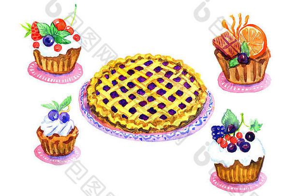 甜蜜的纸杯蛋糕馅饼盘子手画水彩插图集孤立的