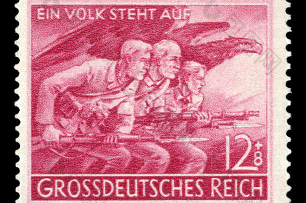 德国历史邮票：创建民俗队。以帝国之鹰为背景的国民民兵成员。1945年，德国