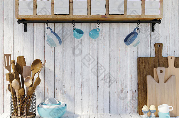 白色木质背景上的厨房用具，带有用于模拟、3D渲染的空间