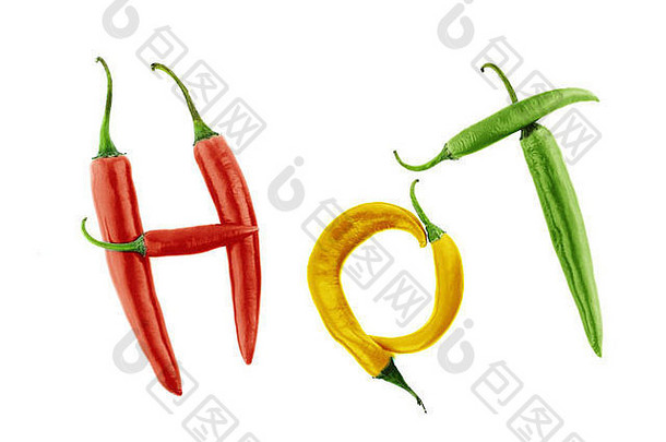 热词使绿色黄色的红色的热辣椒胡椒白色背景剪裁路径