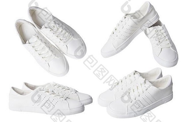 一双白色时尚皮革运动鞋，鞋带与白色背景隔离