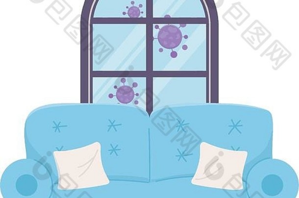新冠病毒19型，呆在家里的沙发和窗户，分离的图标载体插图