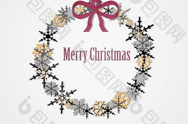 花环形状的金色、黑色和银色雪花刻有“圣诞快乐”字样。圣诞快乐豪华贺卡。插图