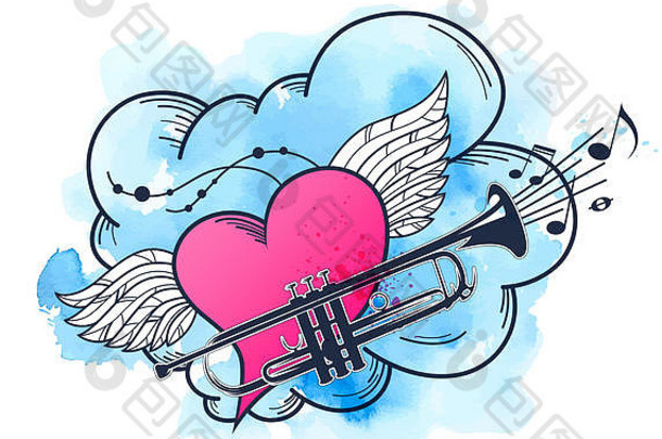 音乐复古背景与粉红色的心和喇叭。