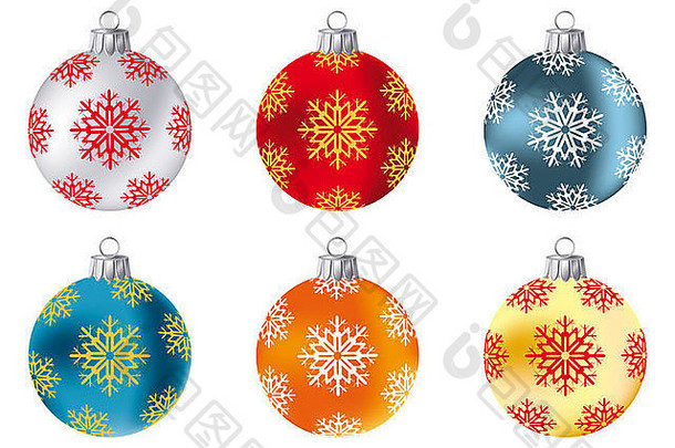 银色、红色、蓝色、深蓝色、橙色和金色圣诞饰品系列-白色隔离