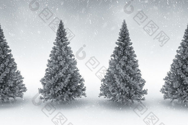 一排松树和飘落的雪