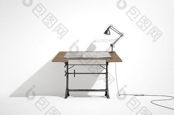 一个经典台灯和一张空白纸的复古draft mans书桌的3D渲染