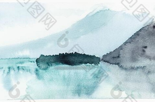 全景视图schliersee湖巴伐利亚阿尔卑斯山脉夏天早....手画水彩画油漆白色变形纸