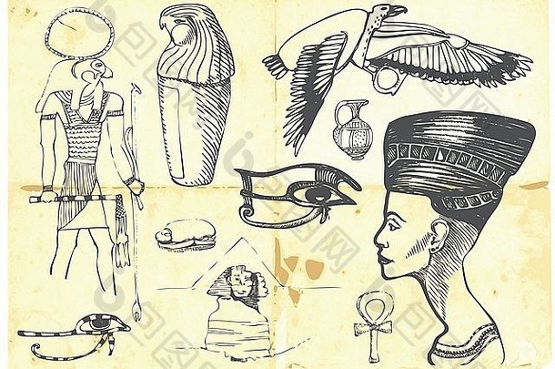 手绘插图-（黑色标记技术）-埃及收藏