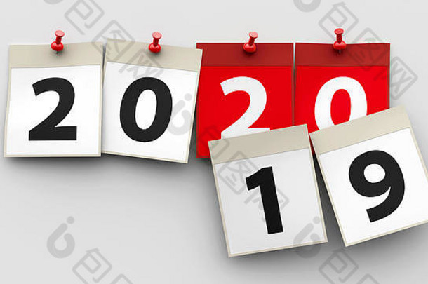 带有<strong>红</strong>钉和数字2020的日历表在灰色背景上表示2020年新年开始，三维渲染，三维插图