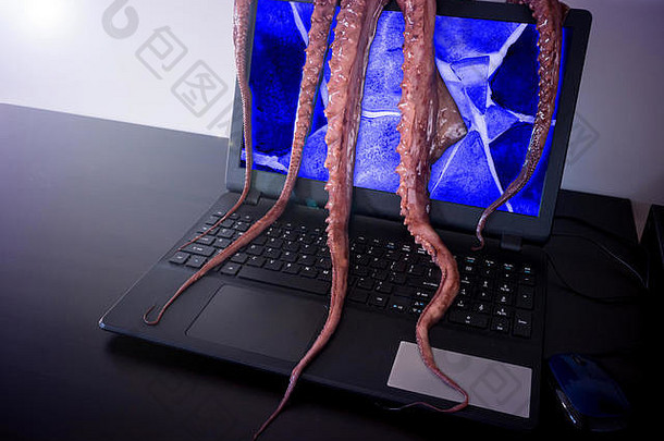 计算机病毒概念。屏幕破损的笔记本电脑被长着粘乎乎的长触手的恶心怪物抓住了。