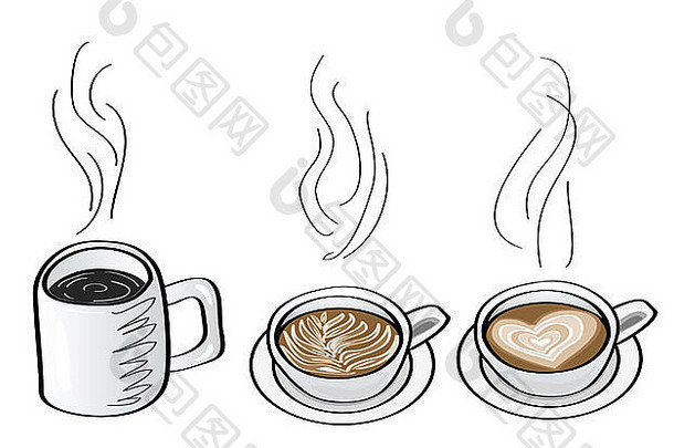 涂鸦咖啡饮料、黑咖啡、卡布奇诺和拿铁的插图。