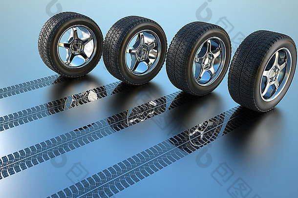 四个车轮制作轮胎<strong>轨道</strong>的3d渲染图示
