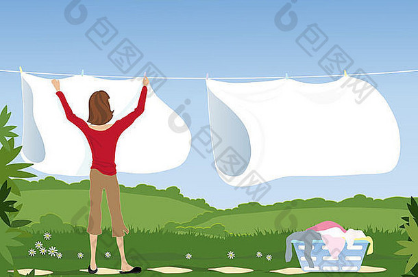 在蓝天下美丽的花园里，一名妇女将白色床单挂在洗衣线上