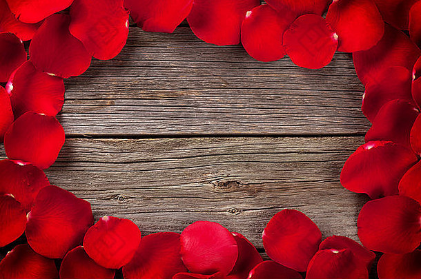 红色的<strong>玫瑰</strong>花瓣框架木表格前视图复制空间