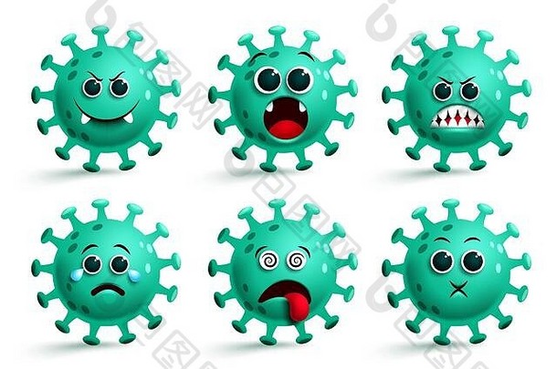 Covid19冠状病毒表情符号载体集。CVID2019冠状病毒疾病表情和表情符号，绿色，恐怖，令人眩晕和惊讶的面部表情。