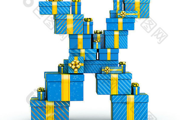 信蓝色的礼物盒子装饰黄色的丝带