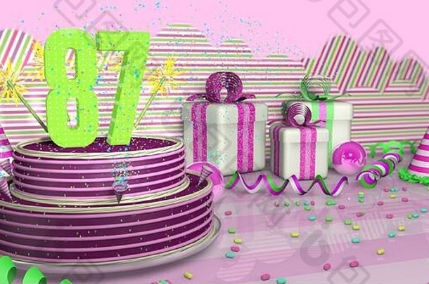 紫色圆形87岁生日蛋糕，在明亮的桌子上装饰着五颜六色的火花和粉色线条，上面有绿色的彩带、派对帽和带别针的礼盒
