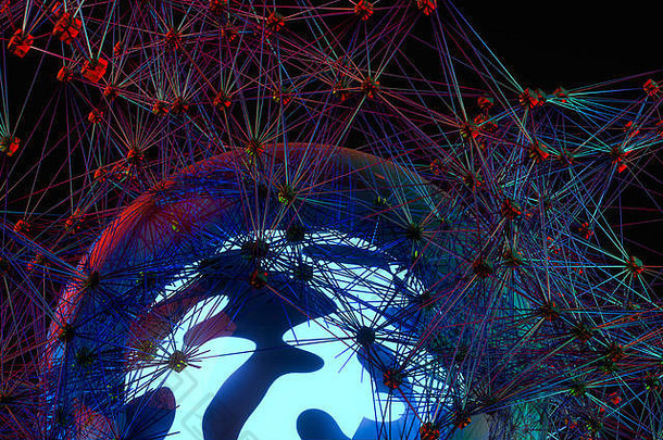发光的神奇的球连接行呈现电脑数字画