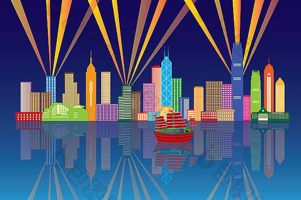 在香港香港城市晚上天际线激光光射线全景颜色蓝色的背景插图