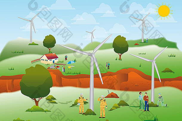 插图风车安装草地生态可再生电权力