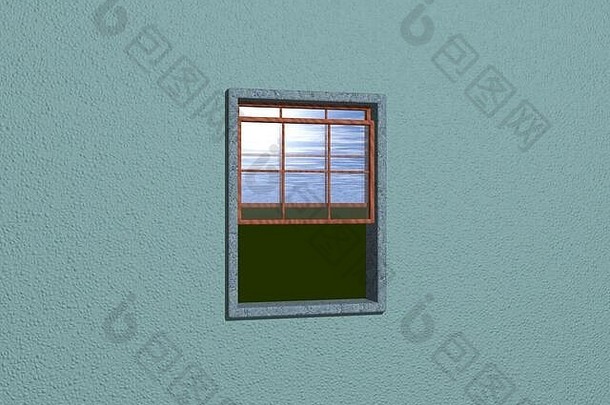 从军校学员的蓝色墙壁上可以看到绿色草坪和阴蓝色天空的窗扇窗口的3D插图。石材和<strong>木质</strong>材料
