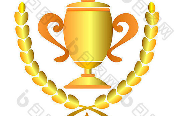 以复古风格制作的冠军杯奖杯插图，白色背景上有月桂树叶。