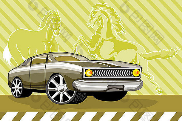 绿色福特费尔蒙特汽车插图，背景为复古风格的马。