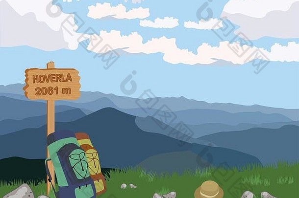 山景观山前天空森林山概念冒险旅行自然木板背包旅行者