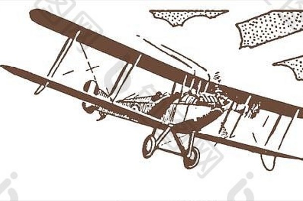 历史上在多云的天空前飞行的单引擎双翼飞机。20世纪初石版印刷后的插图