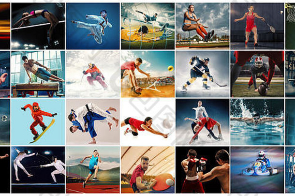 由29个模特的照片组成的创意拼贴。网球、跑步、羽毛球、游泳、篮球、手球、排球、美式足球、橄榄球运动员、滑雪板、网球、运动中的曲棍球。