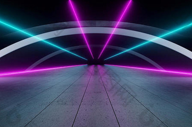 科幻椭圆形线条弧形宇宙飞船发光霓虹灯紫蓝色未来主义虚拟垃圾混凝土反射暗夜隧道走廊走廊大门