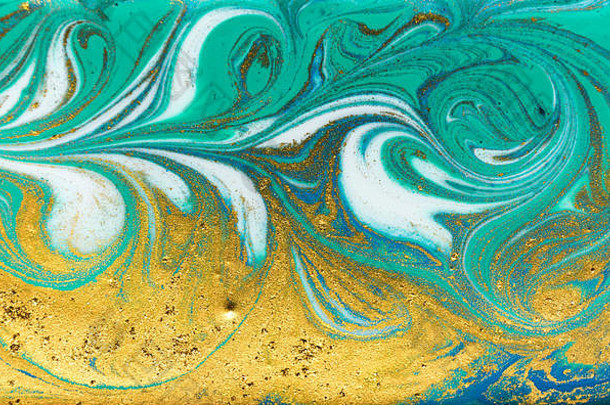 蓝色的绿色黄金大理石花纹模式金粉大理石液体纹理