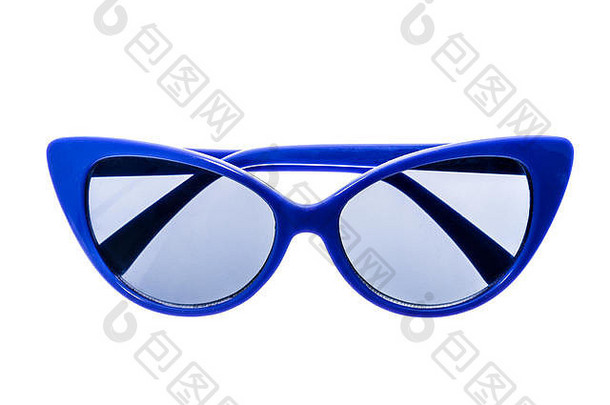 蓝色儿童太阳镜、遮阳帘或隔离在白色背景上的眼镜。彩色<strong>儿童眼镜</strong>，防止阳光和紫外线照射。太阳p的概念