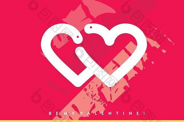 情人节可爱的卡片设计，色彩鲜艳，两颗心相拥相吻。做我的情人节简单卡片的概念。