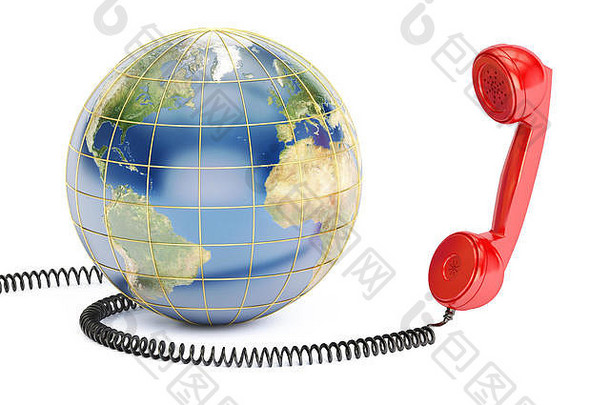 全球通讯概念，手机地球。隔离在白色背景上的三维渲染