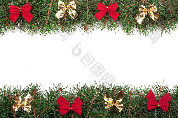 圣诞节框架使冷杉分支机构装饰弓孤立的白色背景