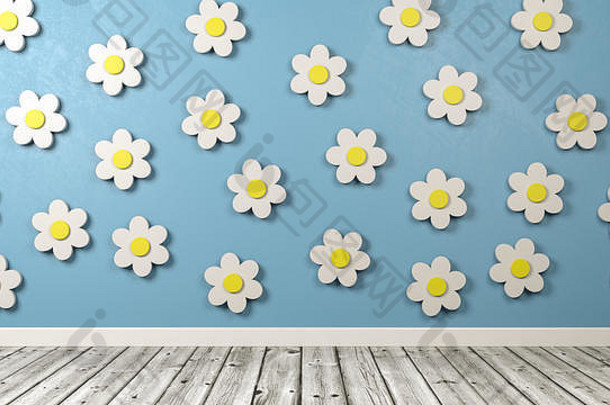 房间中蓝色墙上的白色雏菊花3D形状3D插图