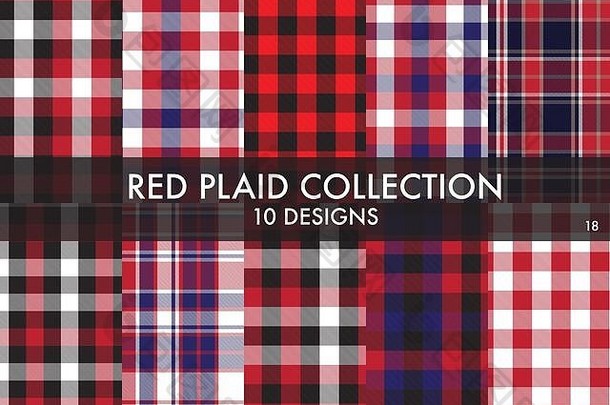 红色的格子格子呢无缝的模式集合包括设计合适的时尚纺织品图形