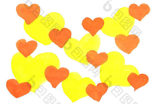 摘要背景水彩插图图像集黄色的橙色心大小重叠