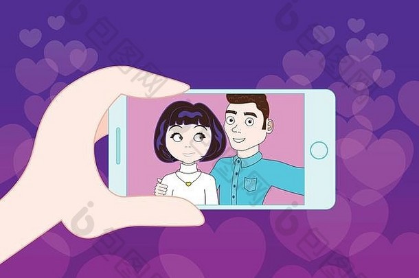 手持有智能手机采取自拍年轻的夫妇爱心形状背景