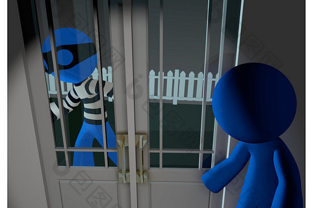 外面的3d蓝人小偷正准备找路进去。屋主偷偷地看着他，吓了一跳。
