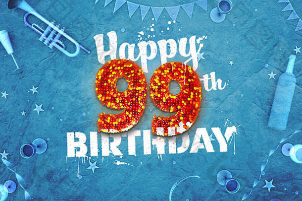 99岁生日快乐卡，精美细节如酒瓶、香槟酒杯、花环、三角旗、星星和五彩纸屑。蓝色背景，红色和蓝色