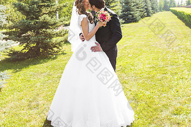 美丽的婚礼夫妇公园吻拥抱